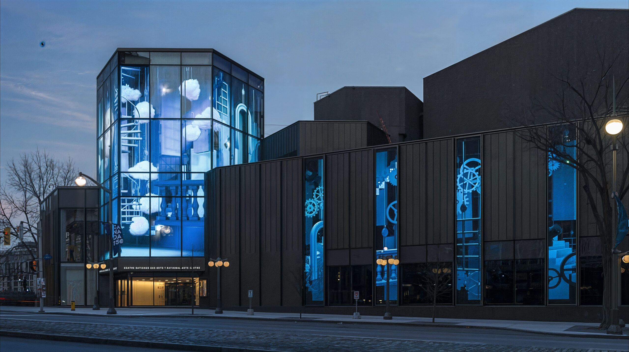 Exterior of a modern building at dusk featuring illuminated blue-lit glass panels showcasing artistic installations.